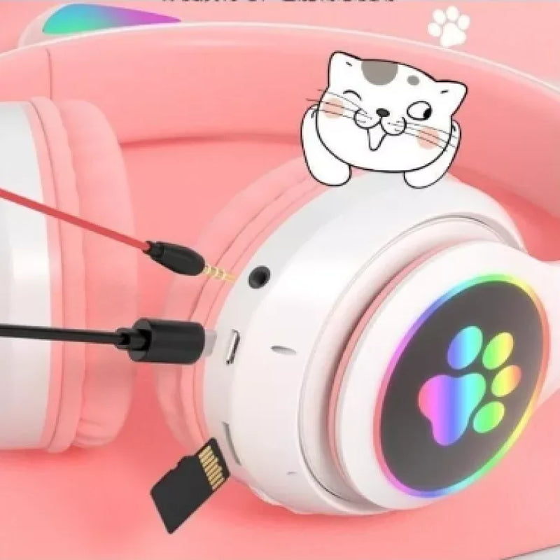 Fone de ouvido over-ear gamer sem fio orelhas gatinho com luz LED