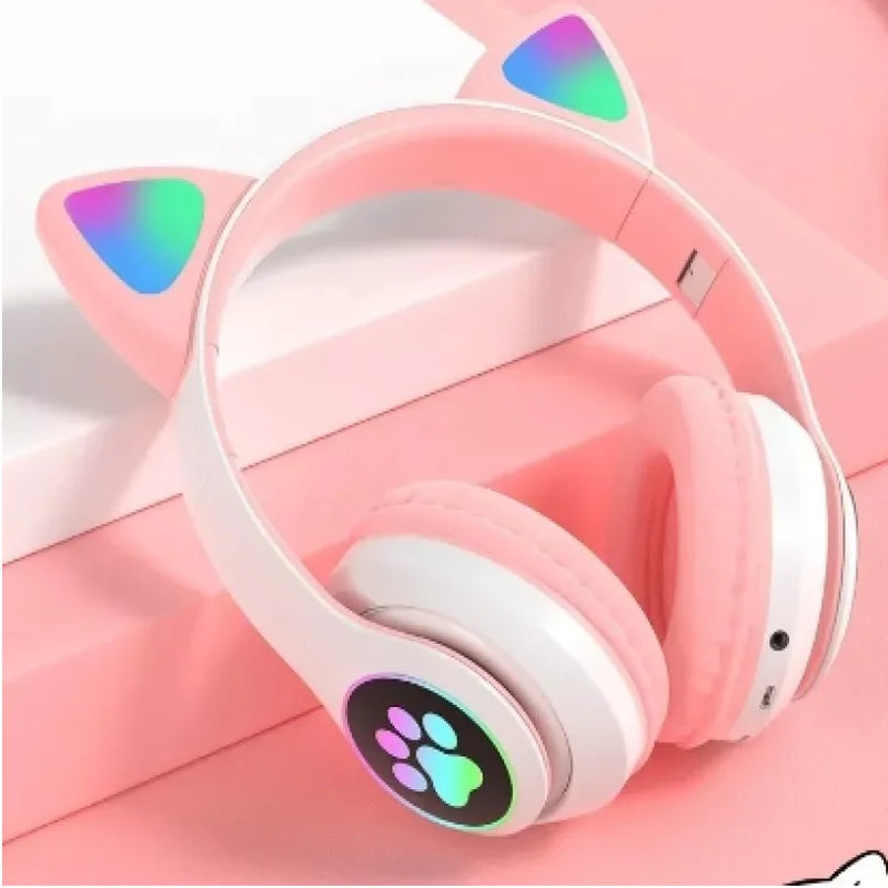 Fone de ouvido over-ear gamer sem fio orelhas gatinho com luz LED